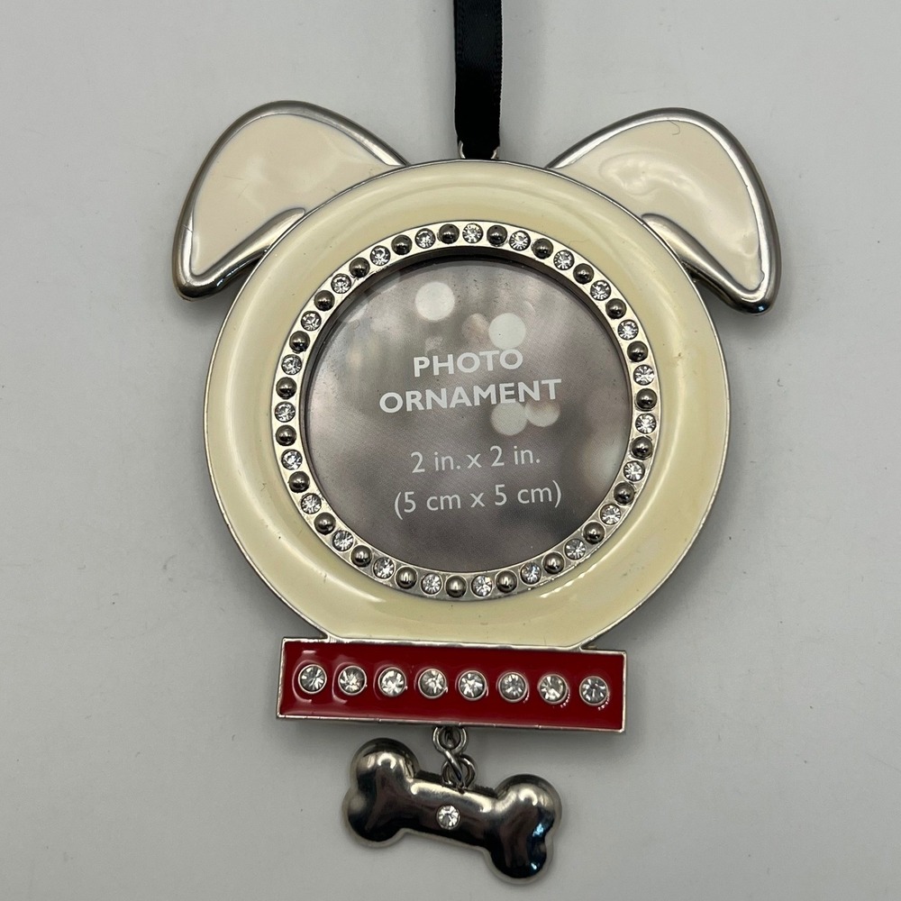 Dog Frame Enamel Photo Ornament  2x2 inches Cream Red